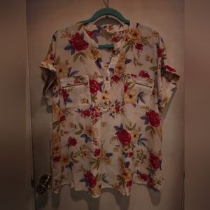Flower & Feather Floral Blouse in Cream, Blue & Pink
